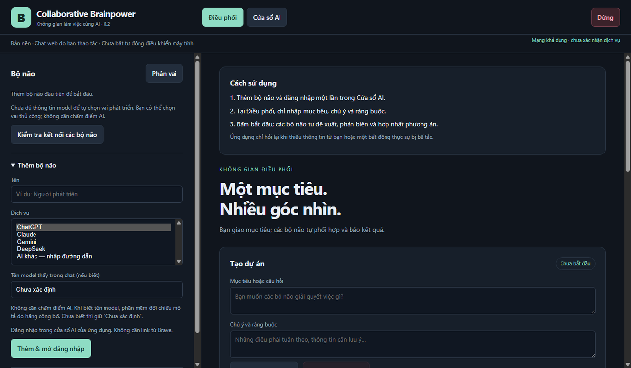 Screenshot of the Collaborative Brainpower desktop app with a Vietnamese interface, showing the project workspace where several AI assistants are set up to work on one goal.